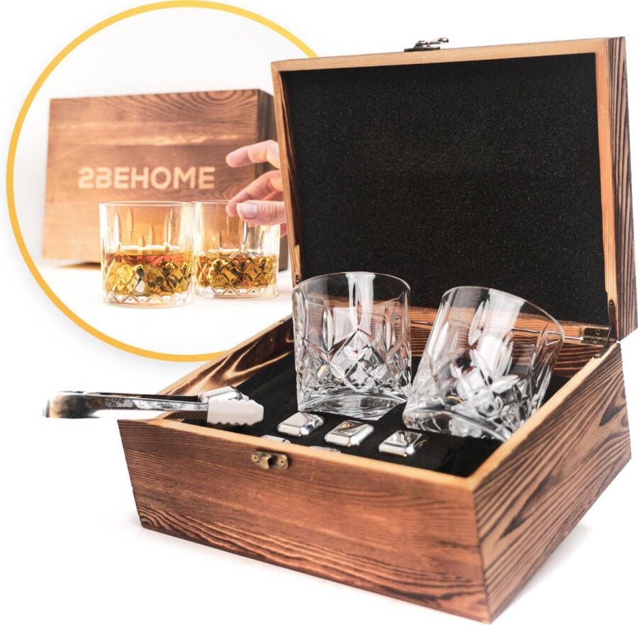 2BEHOME Whiskey set met 2 whiskey glazen en 6 whiskey stones Whiskeyglazen Whisky Ook geschikt als Kerst Sinterklaas cadeau voor man en vrouw Cadeautjes Kerstcadeau