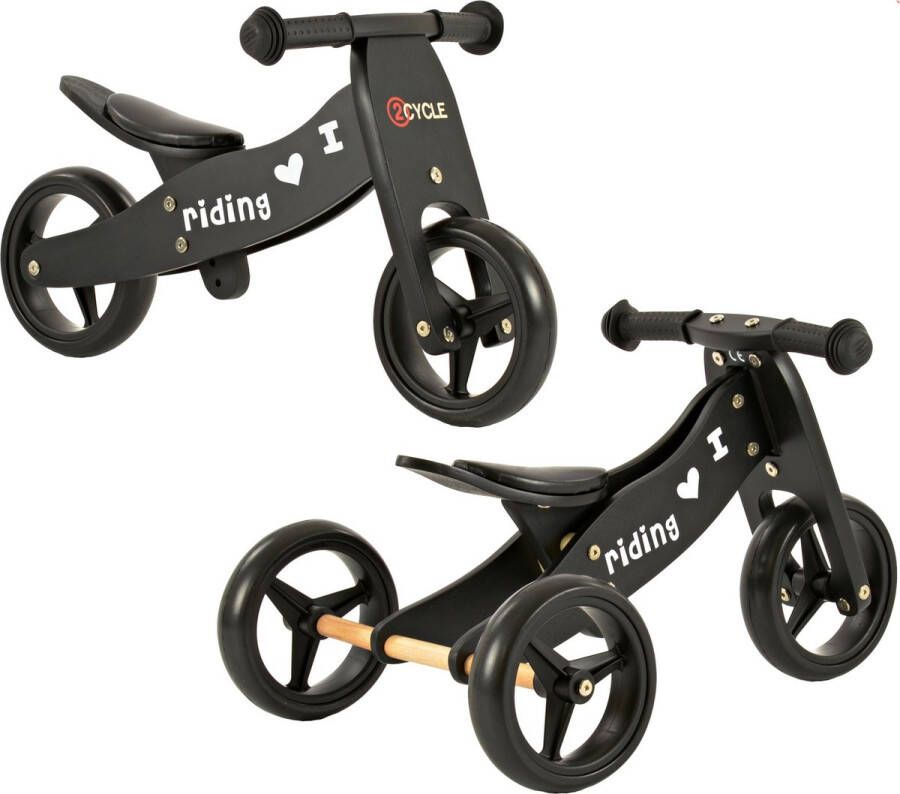 2Cycle 2 in 1 Loopfiets Driewieler Hout Jongens en Meisjes 1 Jaar Speelgoed Zwart