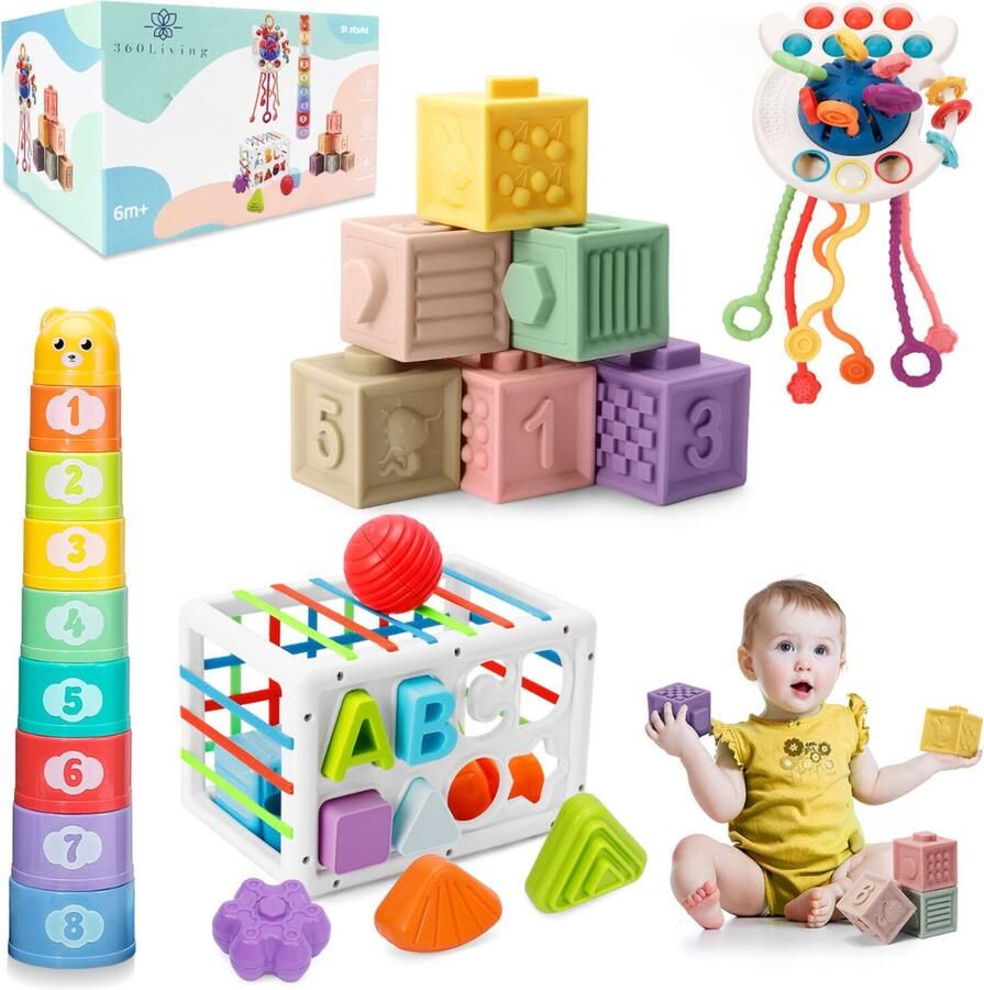 360 Living Baby Speelgoed 6 maanden 4 in 1 set Speelgoed 1 Jaar Stapelstenen Bijtketting Trekkoord Baby Vormenstoof 0 tot 4 jaar Babyspeelgoed 0 Jaar Montessori Speelgoed Baby Speelgoed