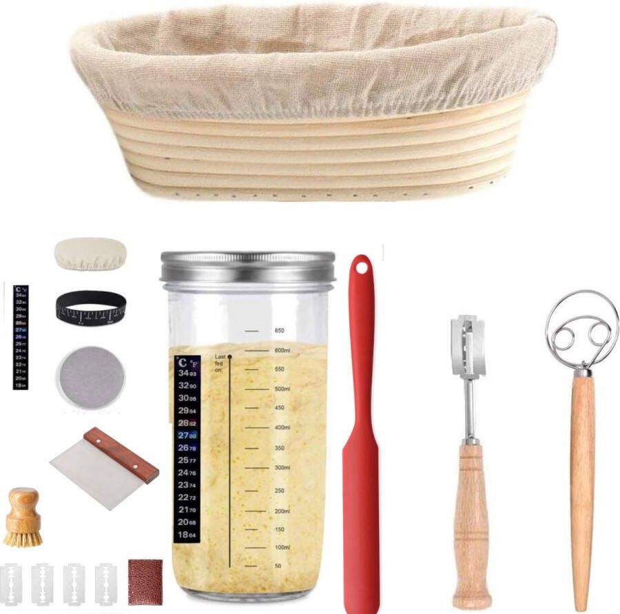 360 Living Zuurdesem Starter Set Zuurdesem Rijsmand 25cm Zuurdesem Pot 730ML Alle benodigheden Rijsmandje Broodbakken Sourdough Starter Kit incl Deegklopper- Deegmesje Deegschraper Bloemborstel Spatel