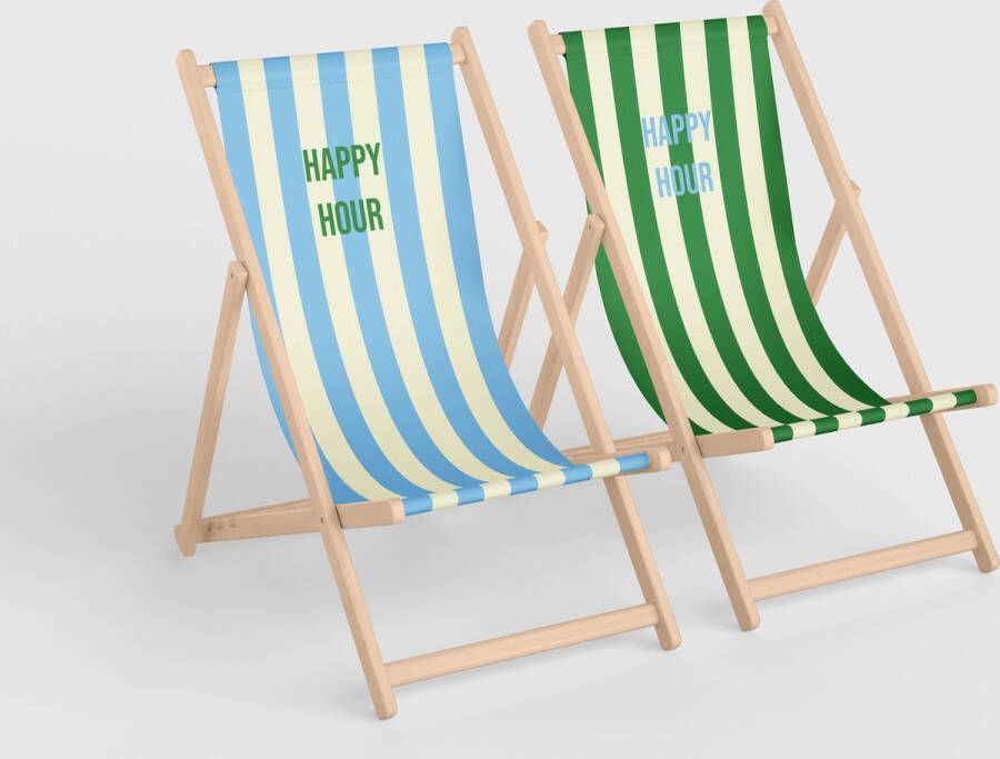 3motion Strandstoel set gestreept happy hour blauw groen- trendy inklapbaar hoogwaardig ligstoel houten stoel strand stevig opvouwbaar 3 standen