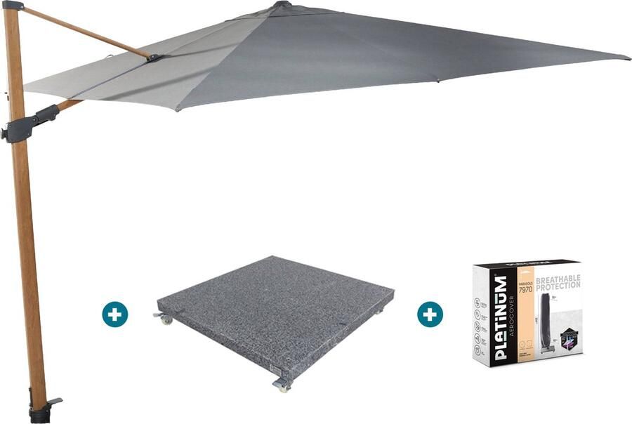 4-Seasons Outdoor 4-Seasons zweefparasol Siesta Premium 300 x 300 woodlook charcoal met voet en hoes