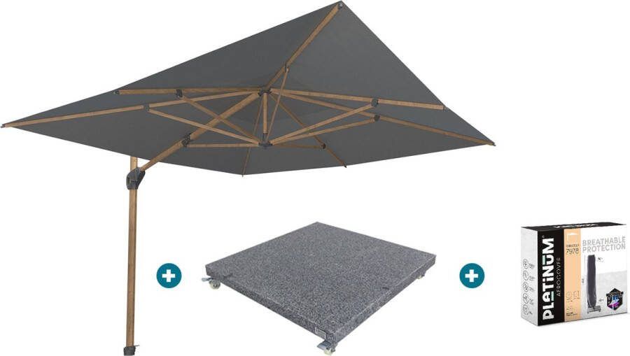 4-Seasons Outdoor 4-Seasons zweefparasol Hacienda 300 x 400 Woodlook Charcoal met voet en hoes