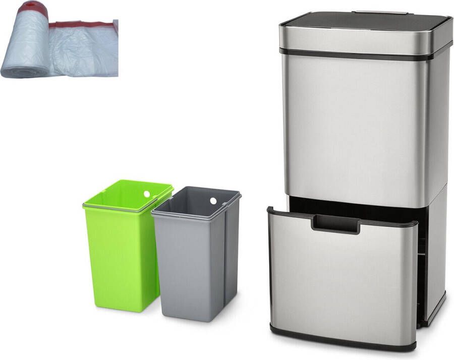 4cookz Smart Waste RVS afvalscheidingsprullenbak met sensor 72 liter met 70 afvalzakken