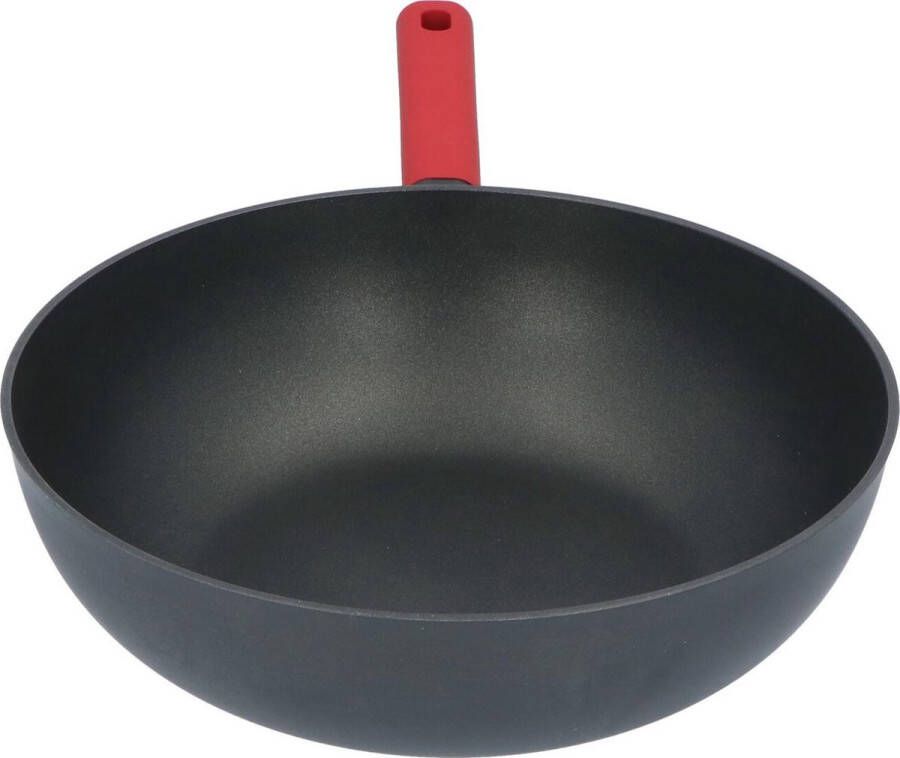 Secret de Gourmet PFAS Vrij Lichtgewicht Aluminium Wokpan met siliconen handvat 30 cm zwart rood