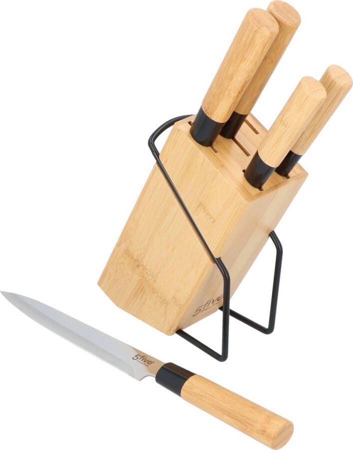 4Goodz Messenblok Bamboe met 5 messen met handvat in Japanse stijl