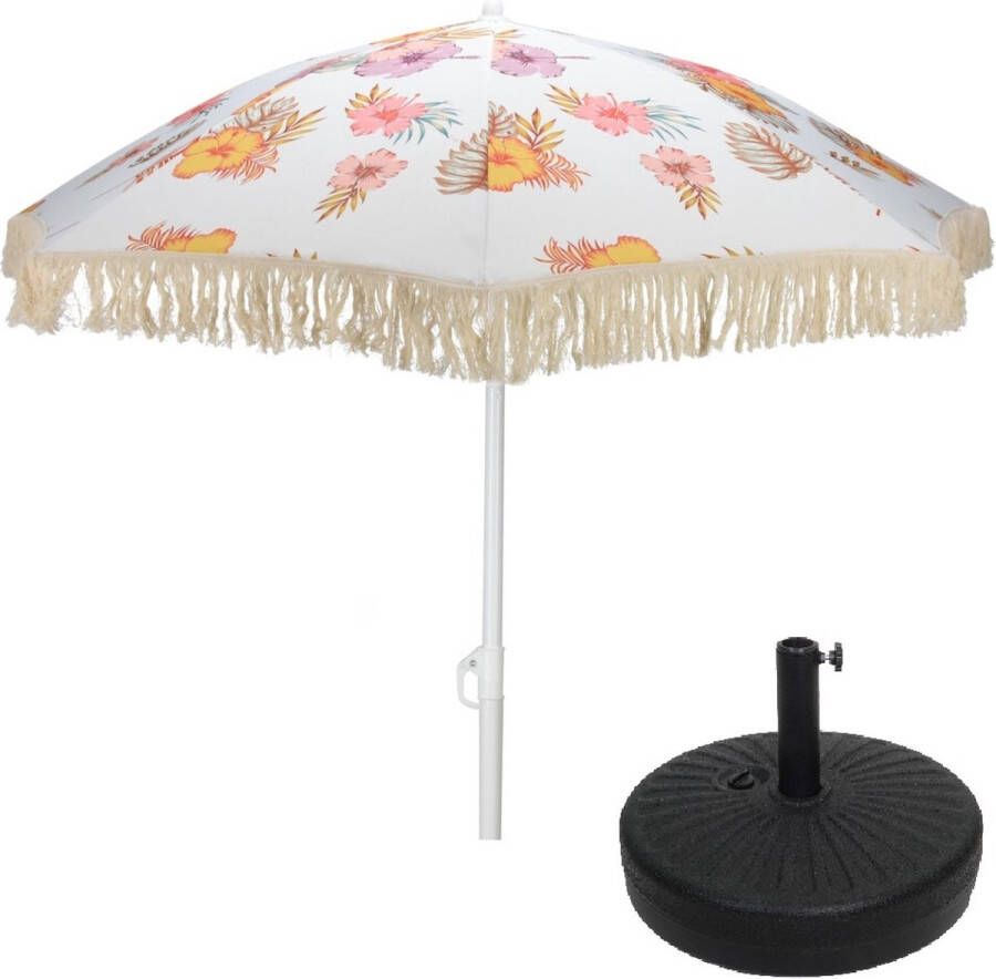 Volant Parasol met Bloemenmotief 180 cm met Bijbehorende Parasolvoet