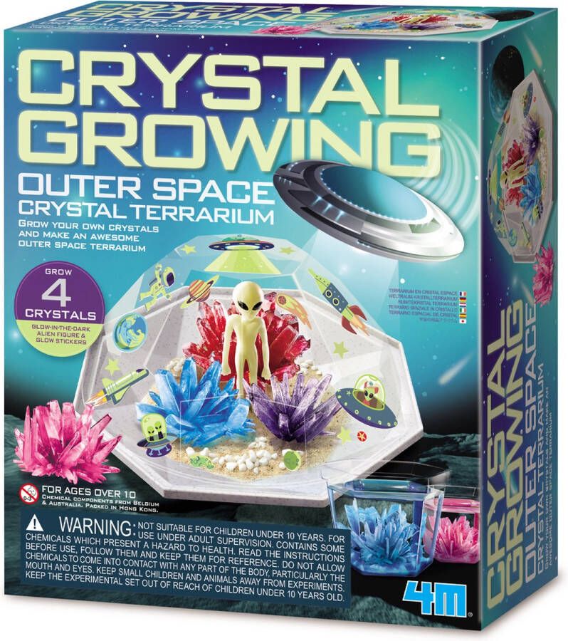 4M Science in action: CRYSTAL GROWING RUIMTE Crystal Terrarium 17cm inclusief 4 kristallen 1 glow alien en stickers met gedetailleerde instructies in doos 23 5x27 5x8cm 10+