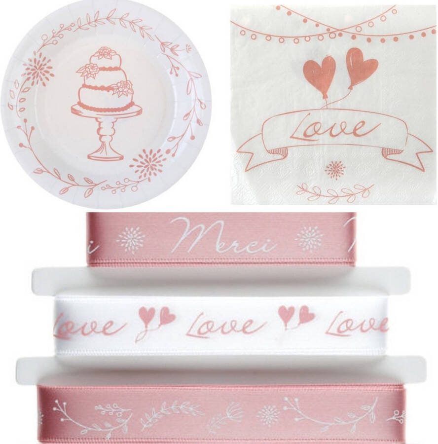 4thep 31-delige set Romantic Blush Pink met lint bordjes en servetten lint bord servet blush pink trouwen huwelijk