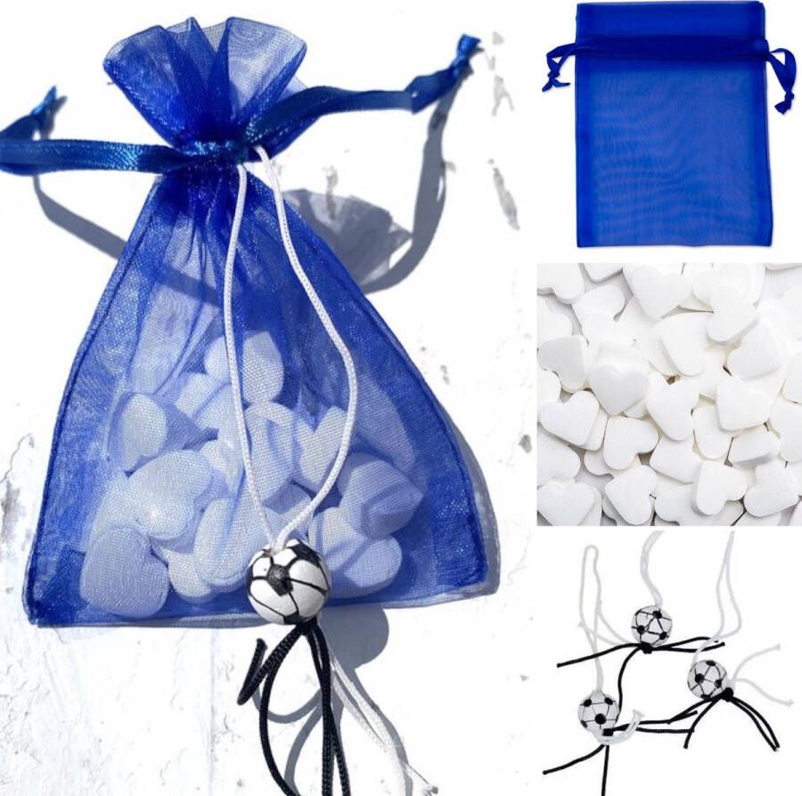 4thePerfectParty 10 Organza zakjes blauw met 15 hartvormige mini pepermuntjes en gelukspoppetje voetbal bedankje traktatie voetbal organza give-away