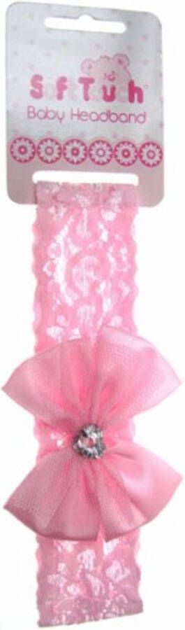 4thePerfectParty Baby haarband van Soft Touch met satijnen strik en elastisch kant licht roze 0-3 maanden baby haarband roze haaraccessoire