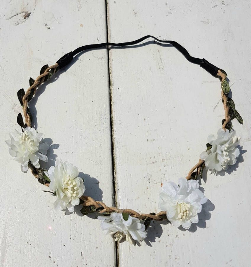 4thePerfectParty Bohemian style gevlochten haarkrans met blaadjes en witte bloemen haarband festival bruiloft ibiza bohemian