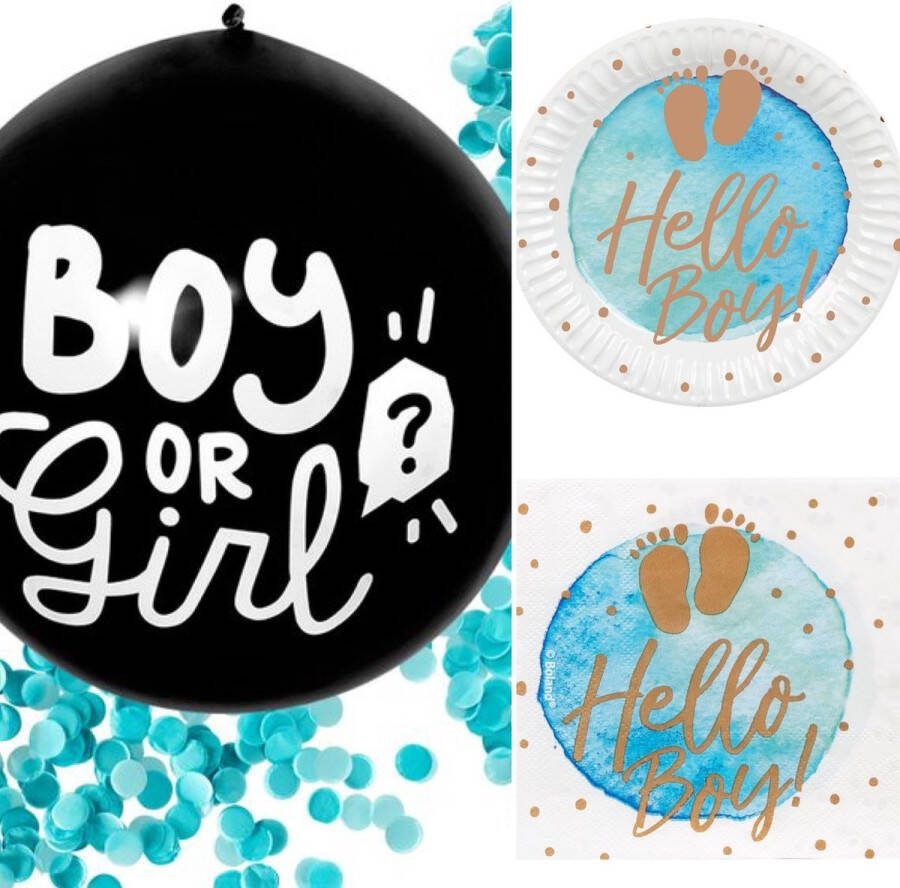 4thePerfectParty Genderreveal set Boy met grote ballon servetten en bordjes genderreveal geboorte babyshower boy hello baby