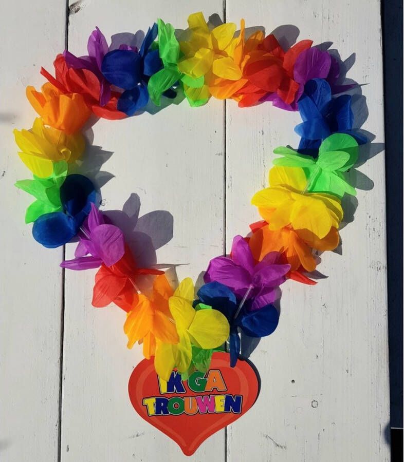 4thePerfectParty Hawai krans multi colour met hartvormige hanger met de tekst Ik ga trouwen huwelijk vrijgezellenfeest vrijgezellenavond