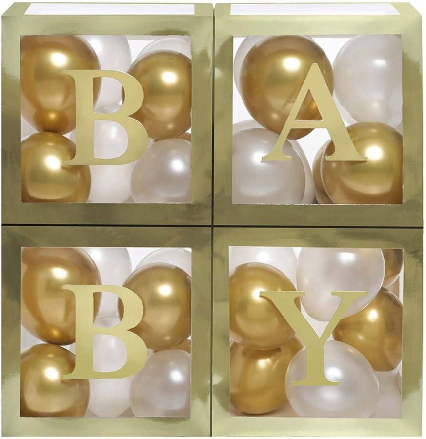 4thePerfectParty Vier doorzichtig letter ballon blokken goud met 24 ballonnen goud en wit ballonbox ballon blokken baby geboorte