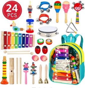 Houten Muziekinstrumenten Set met Rugzak 24 stuks Muziek Speelgoed Vroege educatieve ontwikkeling Jongen en Kinderen 3 jaar Gift Cadeau