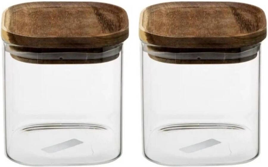 5five 2x stuks voorraadbussen voorraadpotten 0 6L glas met acacia houten deksel 600 ml Voorraadpotten met luchtdichte deksel