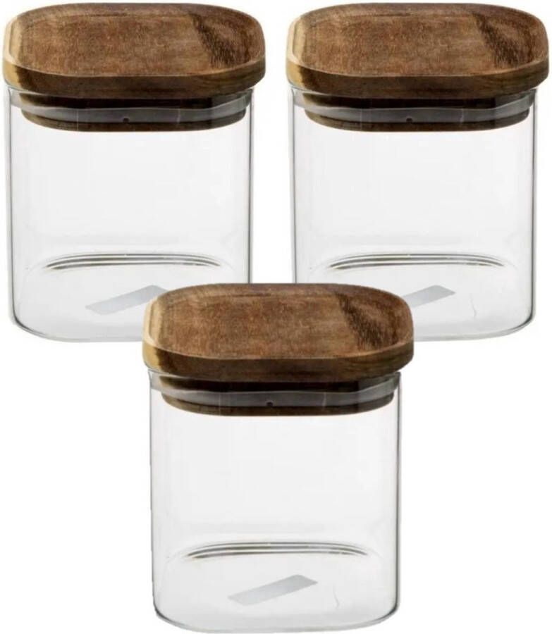 5five 3x stuks voorraadbussen voorraadpotten 0 6L glas met acacia houten deksel 600 ml Voorraadpotten met luchtdichte deksel