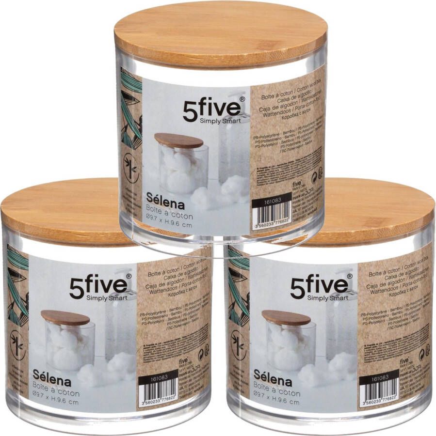 5five 3x Stuks watten houder box 9 5 x 9 5 cm van kunststof bamboe Wattenschijfjes opbergen Wattendispenser Make-up organizer