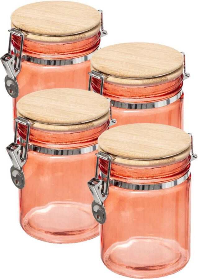 5five 4x stuks voorraadbussen potten 0 75L glas koraal oranje bamboe beugelsluiting 750 ml Voorraadpotten luchtdichte sluiting