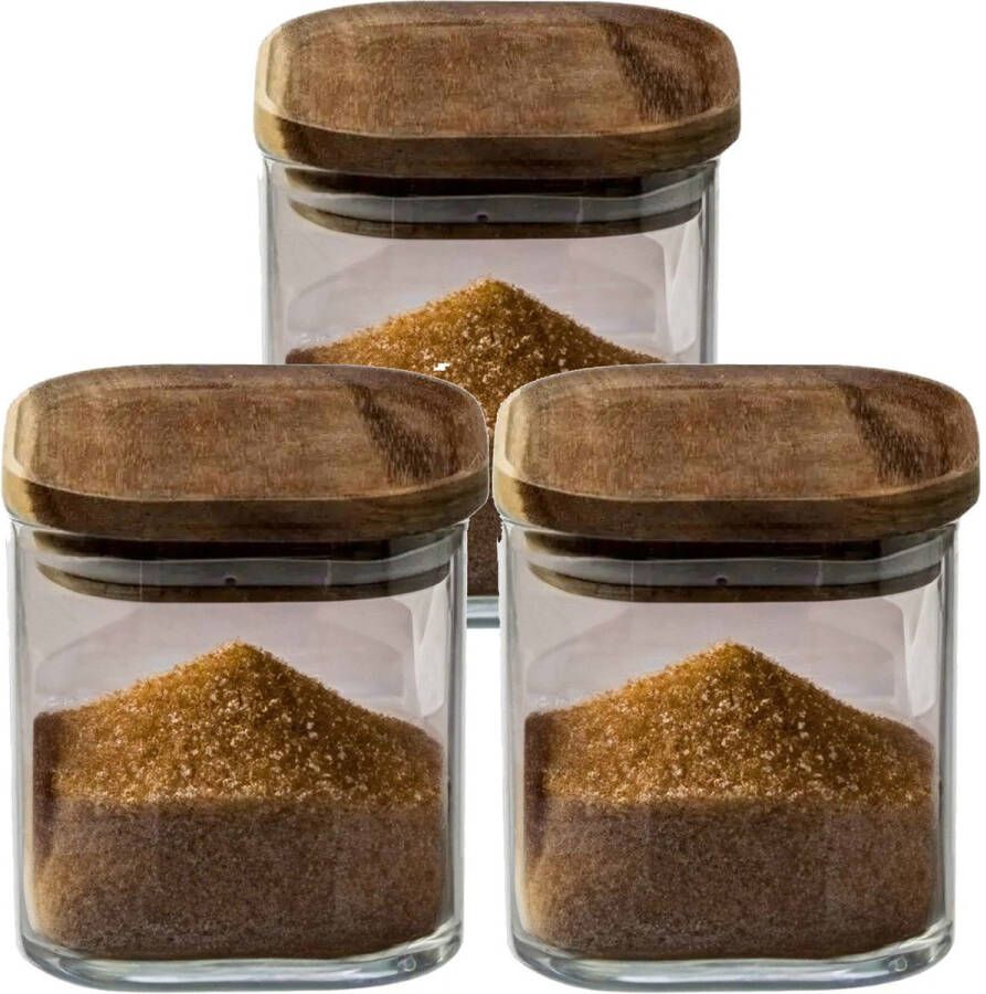 5five 4x stuks voorraadbussen voorraadpotten 0 6L glas met acacia houten deksel 600 ml Voorraadpotten met luchtdichte deksel