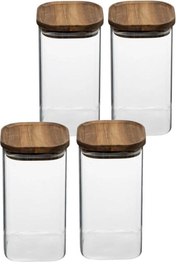 5five 4x stuks voorraadbussen voorraadpotten 1 3L glas met acacia houten deksel 1300 ml Voorraadpotten met luchtdichte deksel
