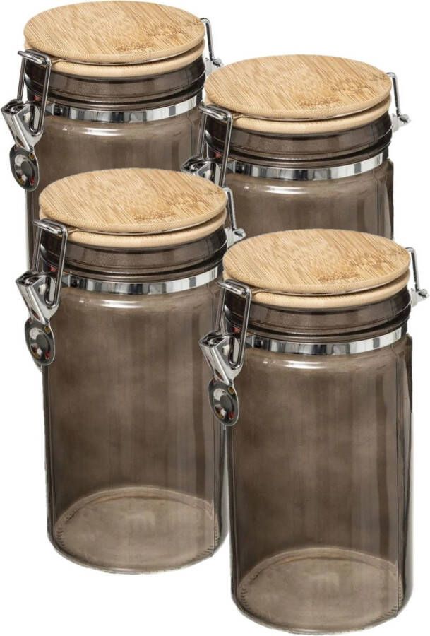 5five 4x stuks voorraadbussen voorraadpotten 1L glas zwart bamboe deksel beugelsluiting 1000 ml Voorraadpotten luchtdichte sluiting