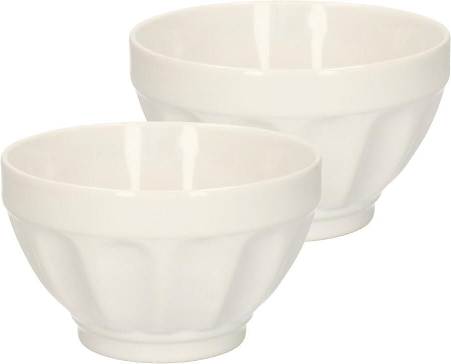 5five Soepkommen schaaltjes 2x Colorama keramiek D14 x H9 cm ivoor wit Stapelbaar Ribbels decoratie