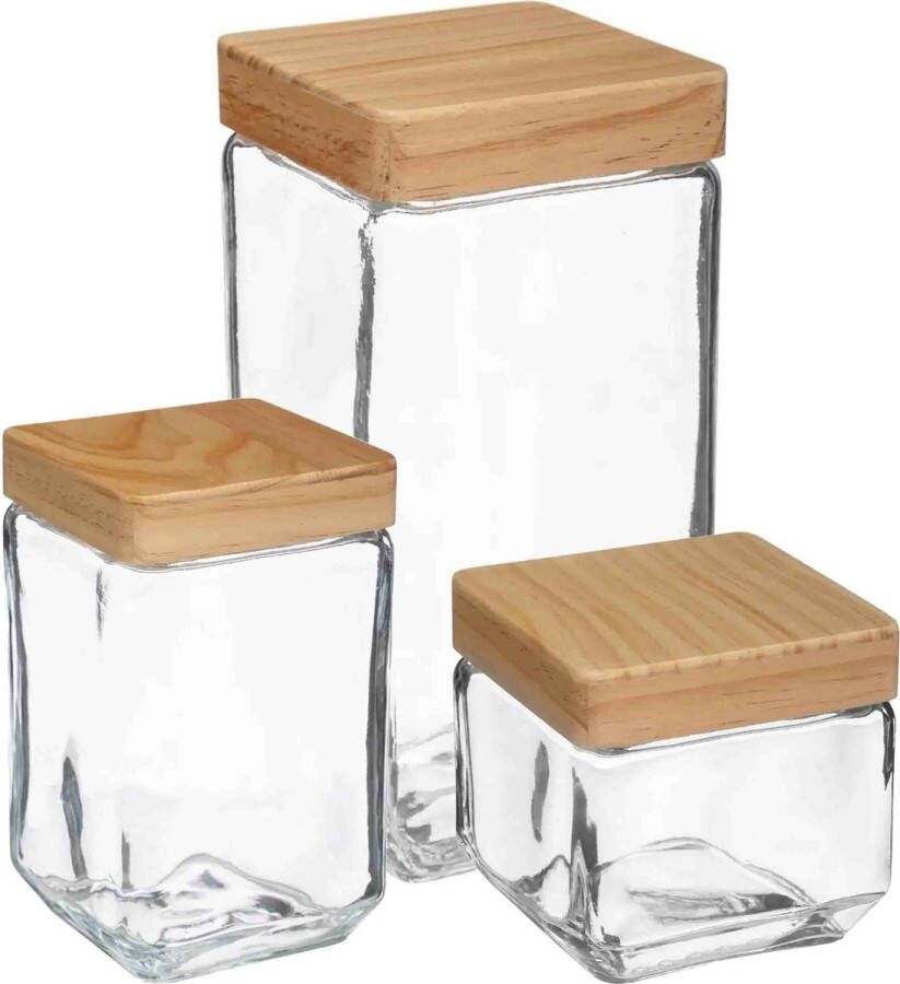 5Five Keuken voorraadpotten glas met houten deksel 3 formaten 8x stuks Voorraadpot