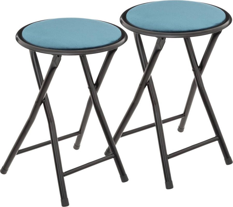 5Five Bijzet krukje stoel 2x Opvouwbaar blauw fluweel 29 x 45 cm Bijzettafels