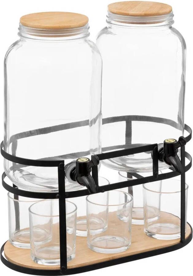 5Five Drank dispensers set van 2x stuks 3 3L glas op standaard met 6 glazen Drankdispensers