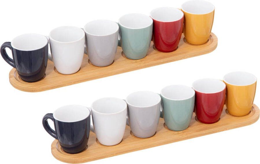 5five Espresso koffie kopjes set 12x met bamboe plankjes aardewerk kopjes 90ml kleuren