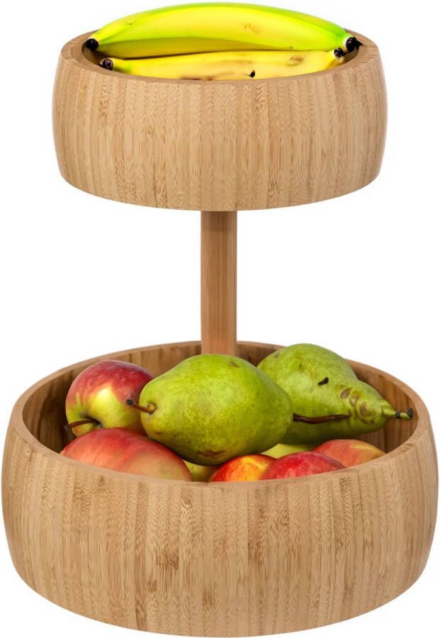 5Five Fruitschaal fruitmand Bali XL bamboe hout D29 x H35 cm bruin rond 2 niveaus opslag Fruitschalen