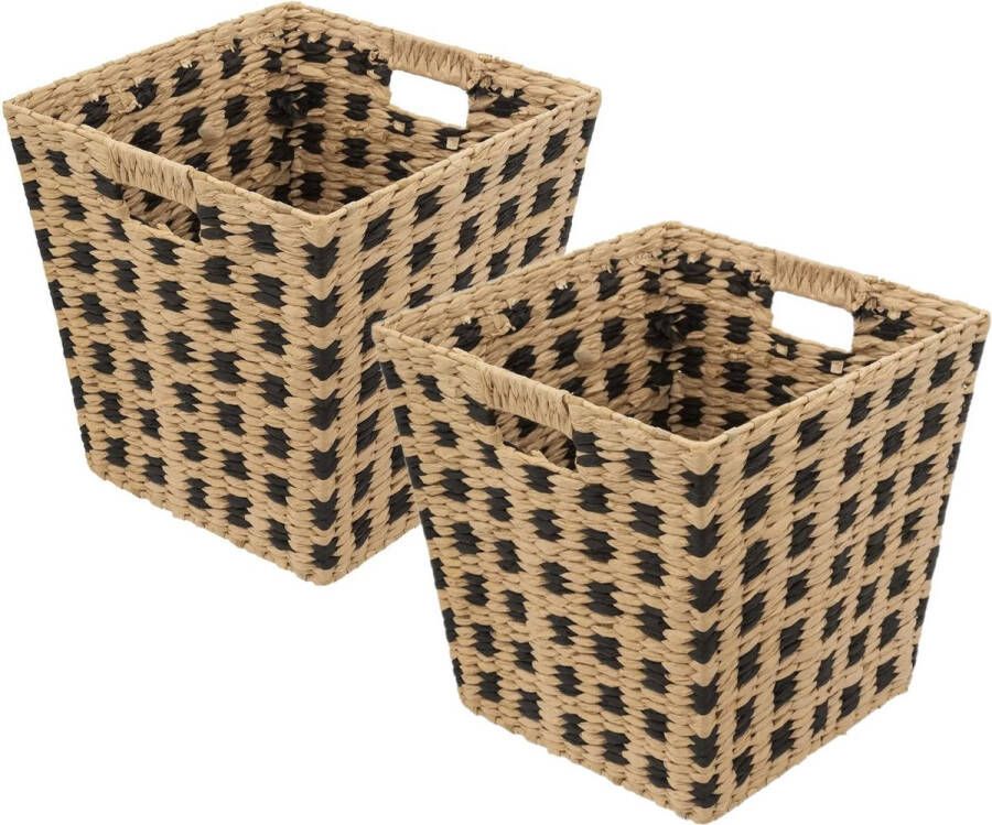 5five Gevlochten rieten opbergmand 2x vierkant beige zwart 31x31x31 cm Kast- badkamer mandjes