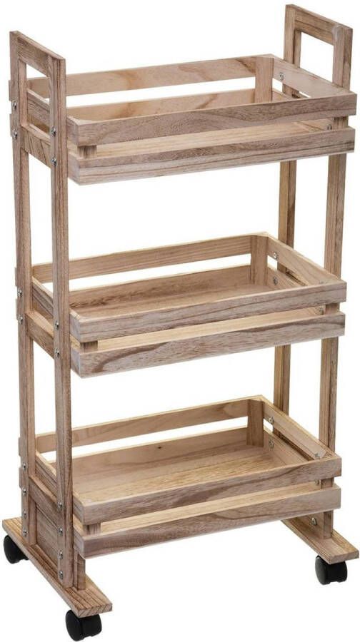 5Five Keukentrolley kast bruin hout 82 x 42 x 30 cm 3 niveaus fruitkist wijnkist Opberg trolley