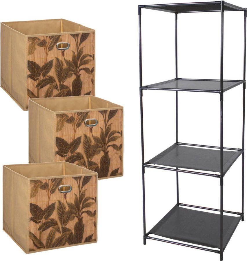 5Five Kastmandjes opberg mandjes lichtbruin print 3x stuks van 29 Liter Rekje is 34 x 104 cm Opbergmanden
