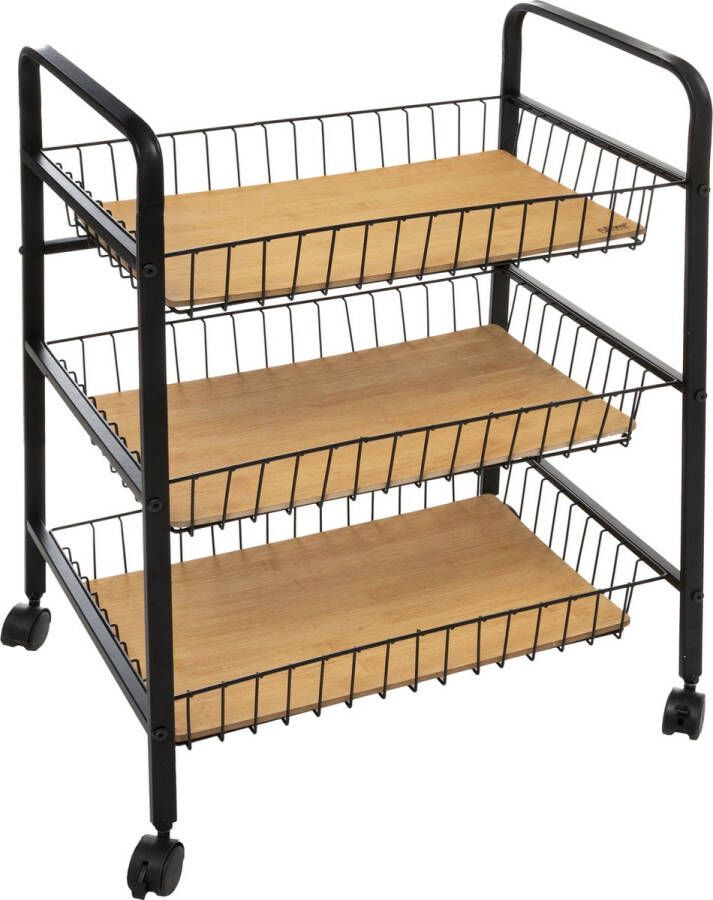 5Five Keukentrolley zwart bamboe 3-laags D39 x B52 x H70 cm hout metaal Opberg trolley