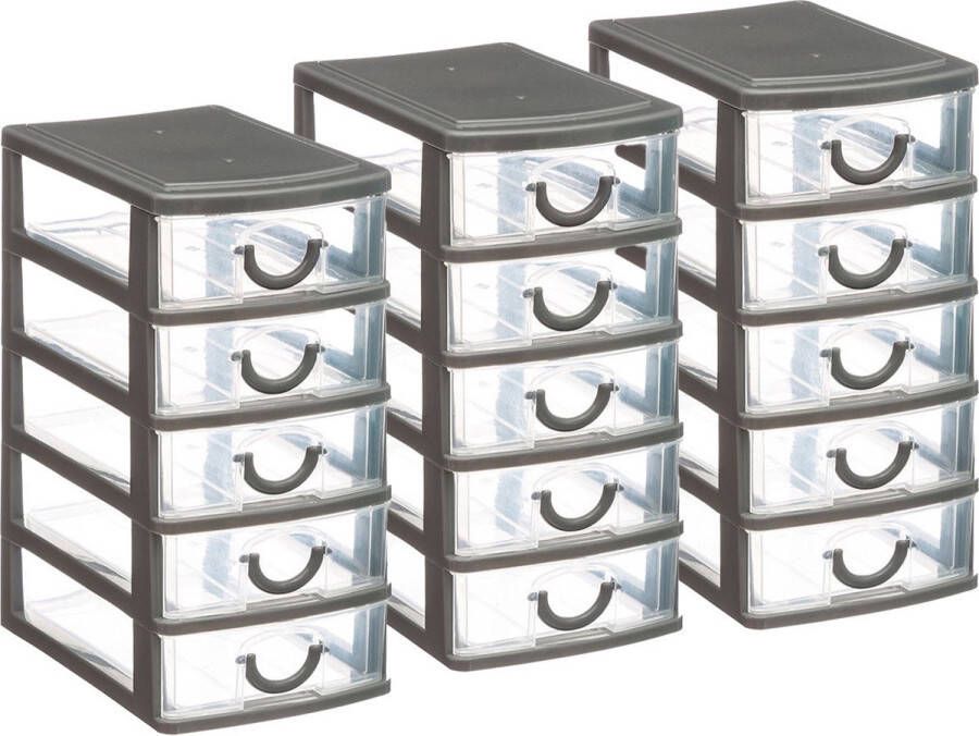 5five Ladeblokje bureau organizer 3x lades grijs transparant L12 x B15 x H25 cm kunststof