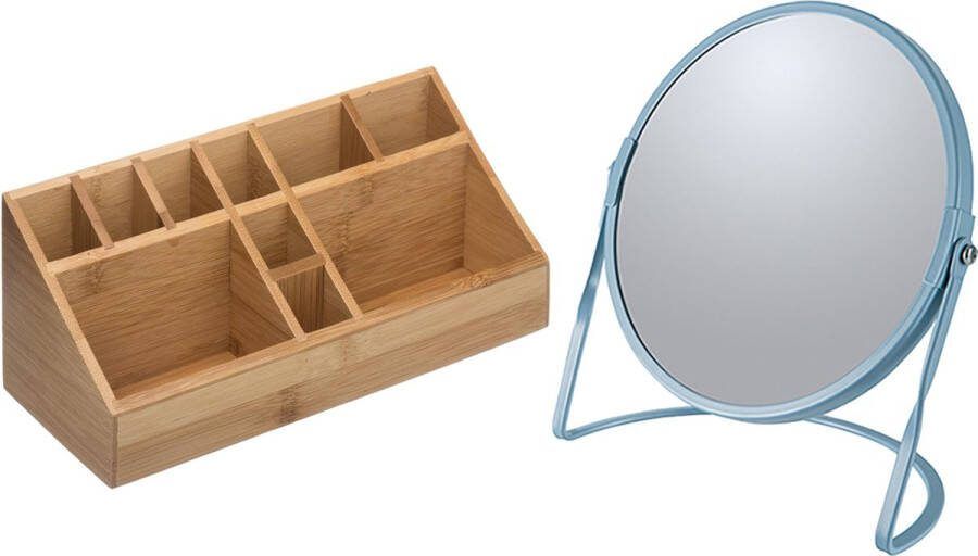 5five Make-up organizer en spiegel set 10x vakjes bamboe metaal 5x zoom spiegel blauw zilver
