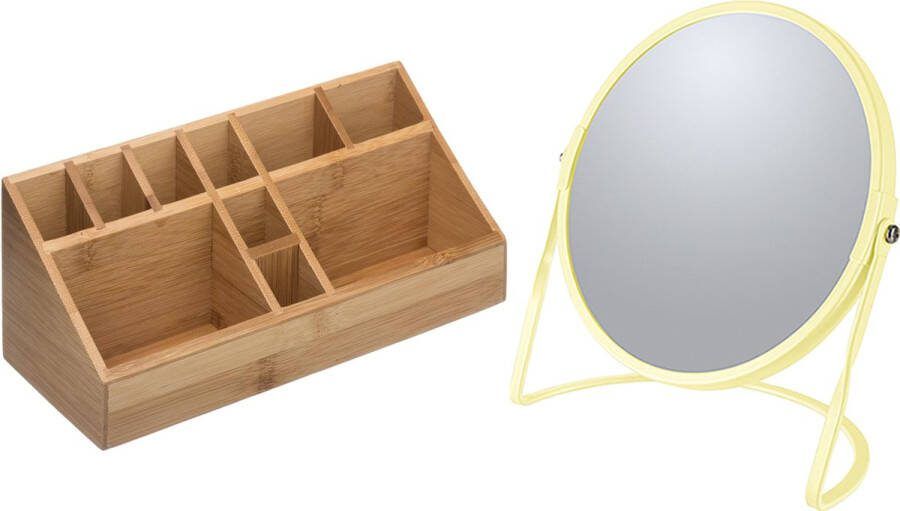 5five Make-up organizer en spiegel set 10x vakjes bamboe metaal 5x zoom spiegel geel zilver