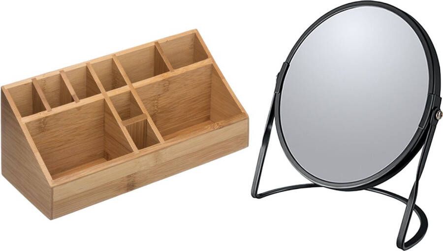 5five Make-up organizer en spiegel set 10x vakjes bamboe metaal 5x zoom spiegel zwart bruin