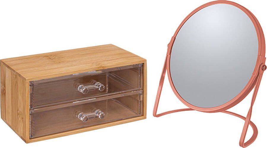 5five Make-up organizer en spiegel set 2 lades bamboe kunststof 5x zoom spiegel