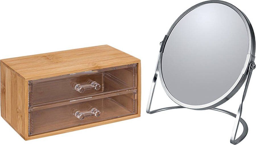 5five Make-up organizer en spiegel set 2 lades bamboe kunststof 5x zoom spiegel