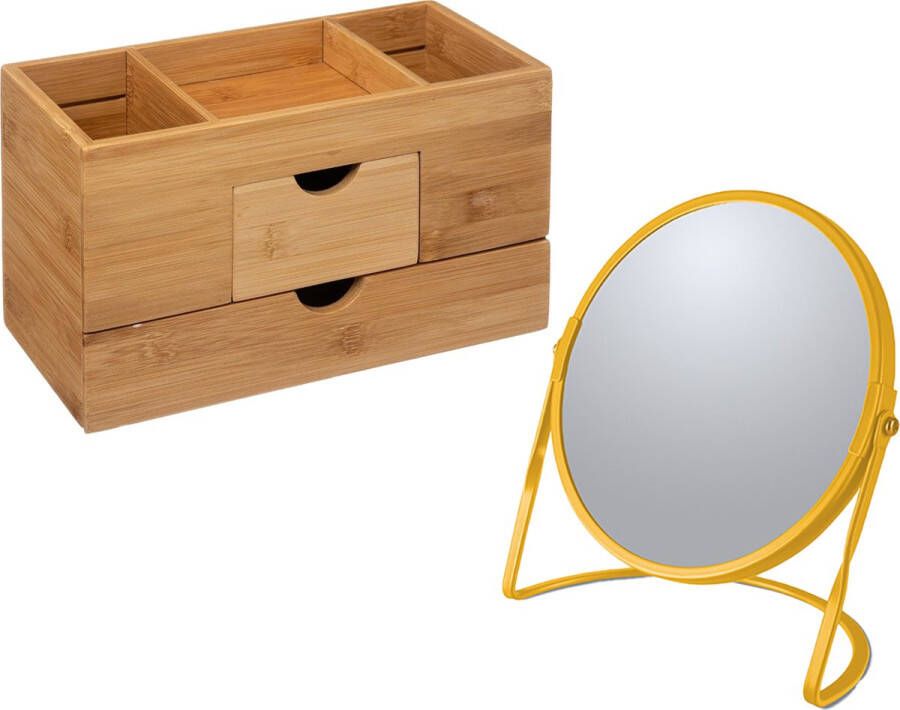 5five Make-up organizer en spiegel set lades vakjes bamboe metaal 5x zoom spiegel geel bruin