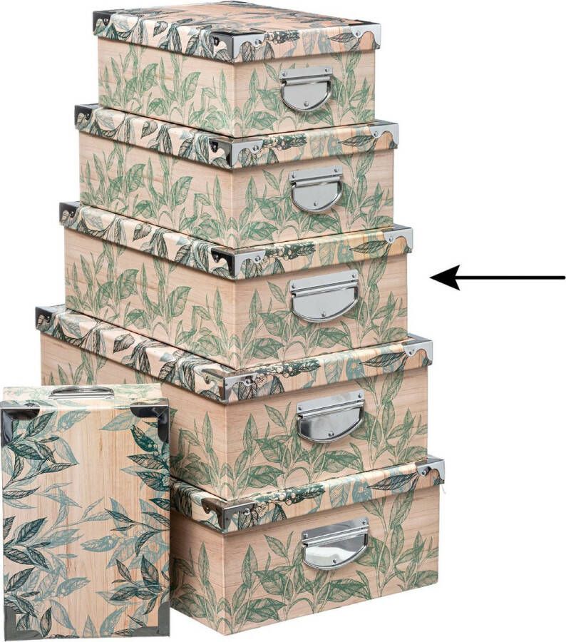 5five Opbergdoos box 3x Green leafs print op hout L40 x B26.5 x H14 cm Stevig karton Leafsbox