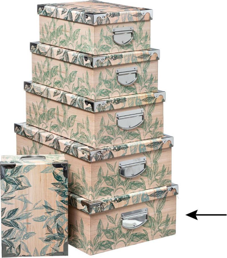 5five Opbergdoos box 3x Green leafs print op hout L48 x B33.5 x H16 cm Stevig karton Leafsbox