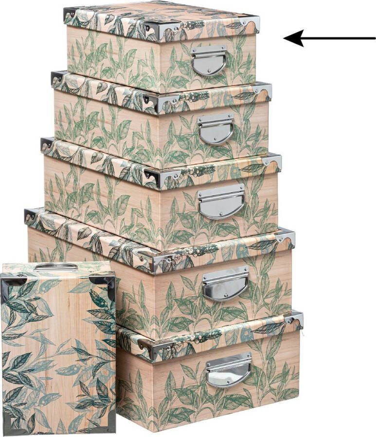 5five Opbergdoos box 4x Green leafs print op hout L32 x B21.5 x H12 cm Stevig karton Leafsbox