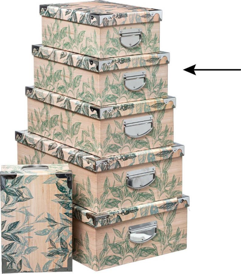5five Opbergdoos box 4x Green leafs print op hout L36 x B24.5 x H12.5 cm Stevig karton Leafsbox