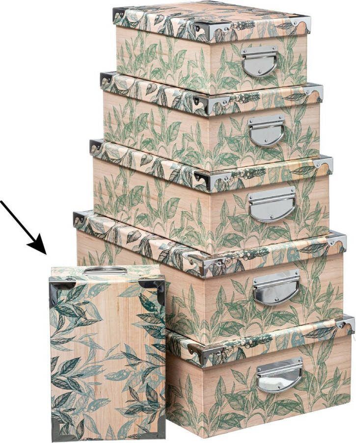 5five Opbergdoos box 6x Green leafs print op hout L28 x B19.5 x H11 cm Stevig karton Leafsbox
