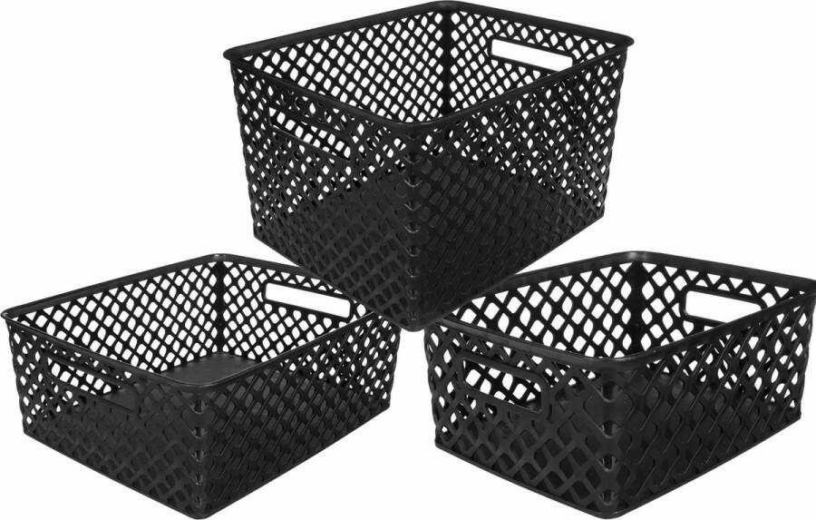 5Five Set van 3x opbergmanden kunststof rechthoek zwart Opbergmanden